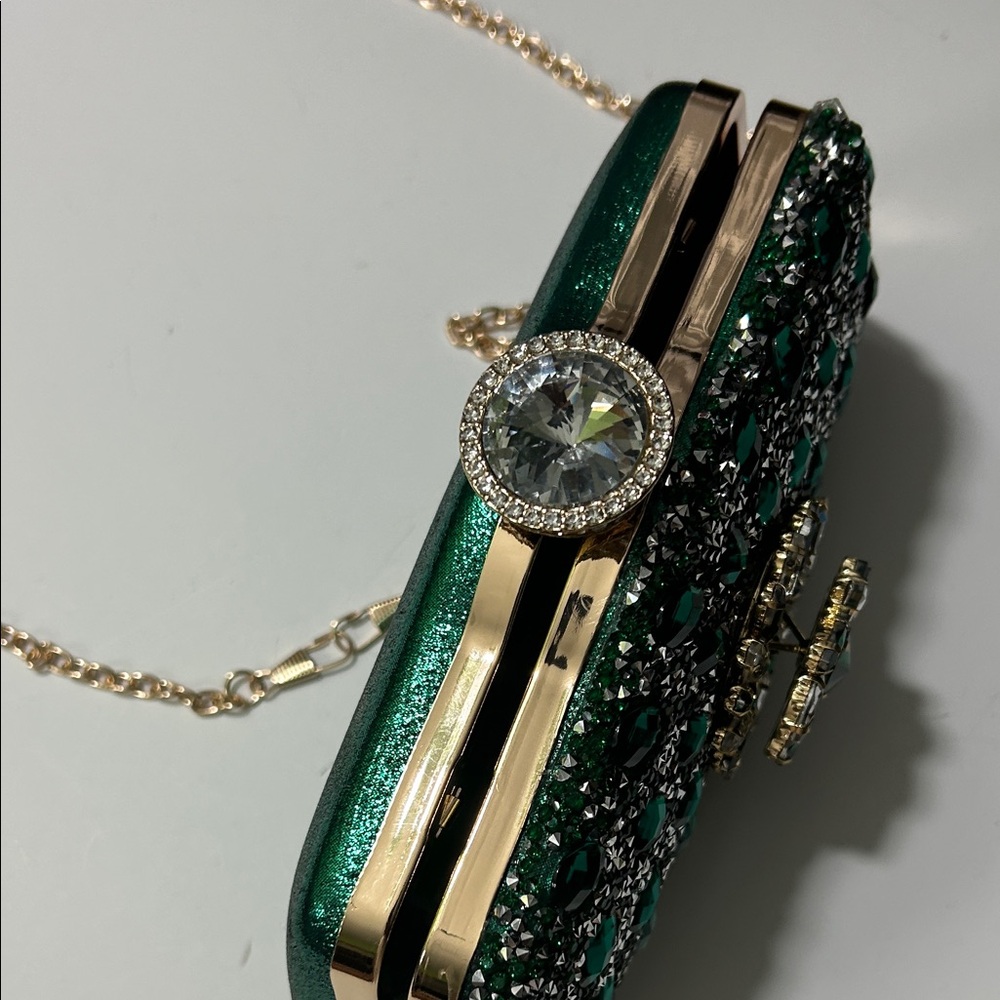 Emerald Crystal Evening Clutch with Gold Chain - Picture 15 of 16